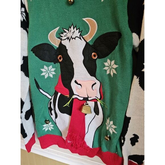Jolly Sweaters Ugly Christmas Sweater Size Samll Green Cow Jingle Bells Holstein - Picture 2 of 4